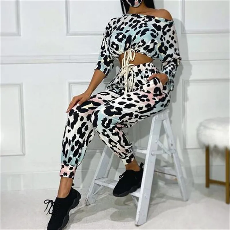

2Pcs Set Women Casual Outfits Spring Autumn Leopard Print Drawstring Long Sleeve Skew Collar Crop Top + Side Pocket Harem Pants