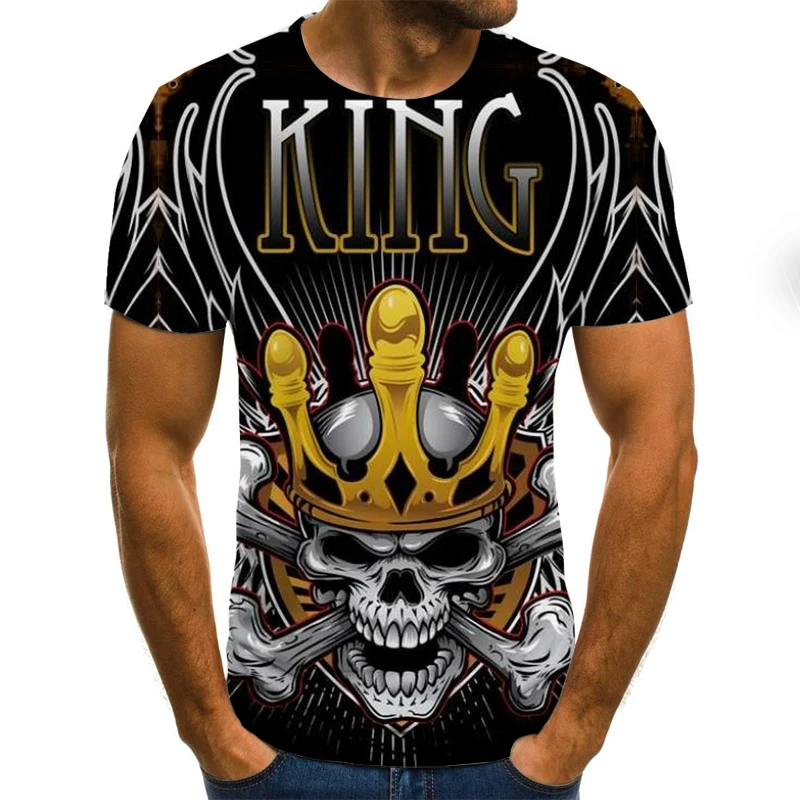 

3D Printed T-shirt Crown Skull Men's Hip-hop Punk Men's and Women's Casual Breathable Short-sleeved Top 2021 Summer