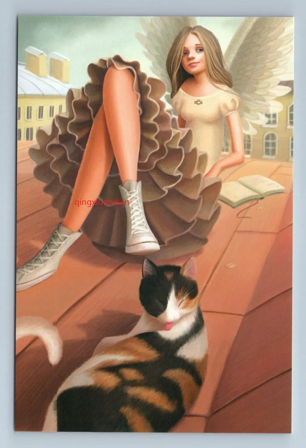 

Eeypy Tin Sign Wall Art Pretty Girl and Cat with Book on Roof Muse in City Fantasy Metal Wall Decoration