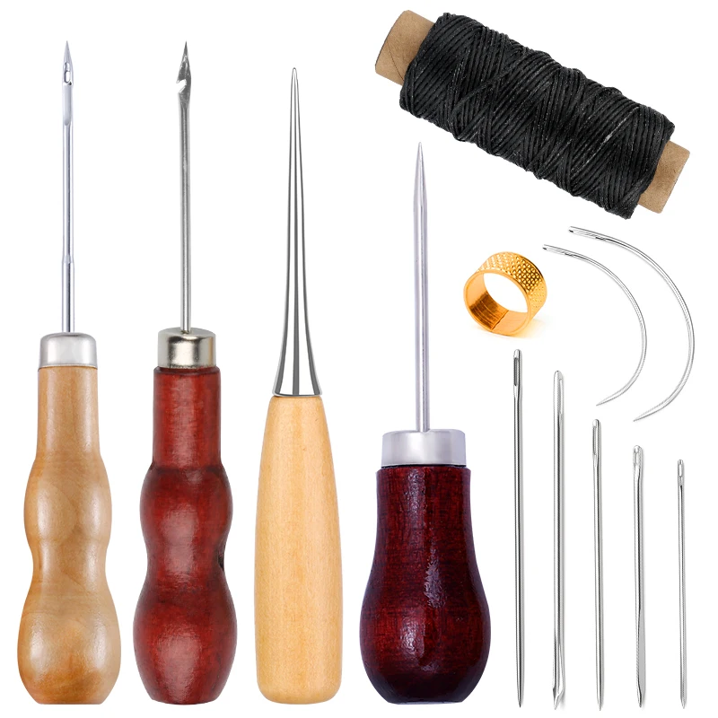 

RORGETO Leather Sewing Kit With Waxed Thread Sewing Awl Thimble Leather Needles DIY Leather Craft Tools For Shoemaker Repair