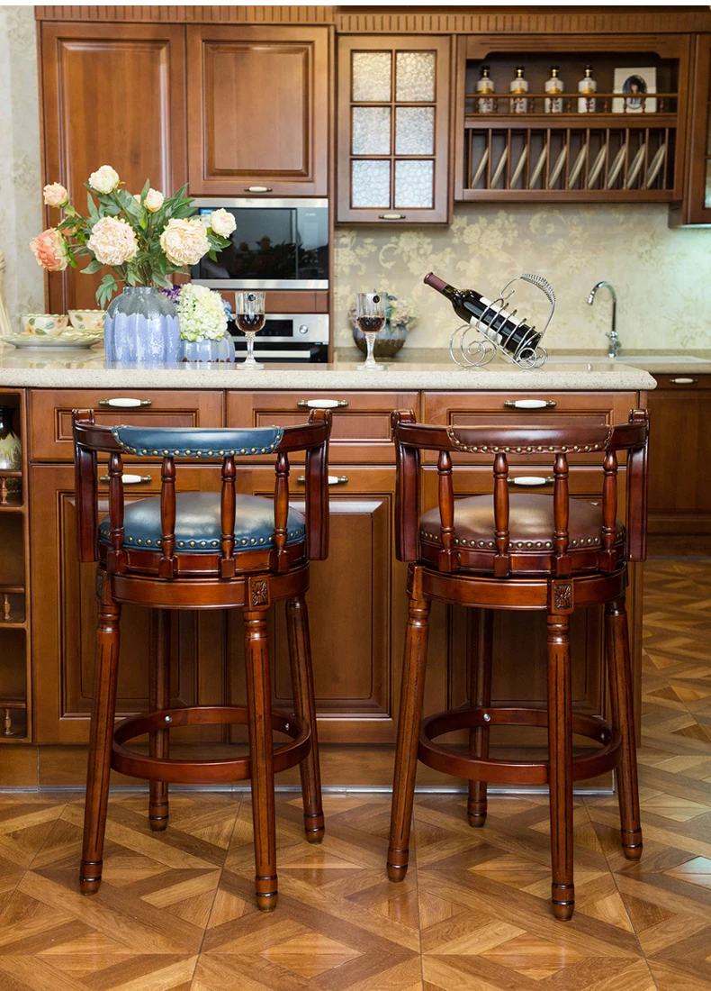 

American solid wood bar stools European-style backrest high stools Light luxury retro leather revolving bar high chairs