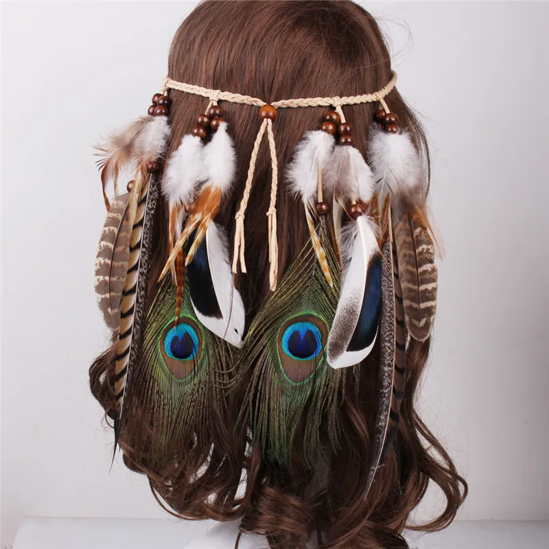 

Bohemian Style Indian Feather Headband Headdress Hair Rope Headwear Tribal Hippie Handmade Hair Accessories for Women 01