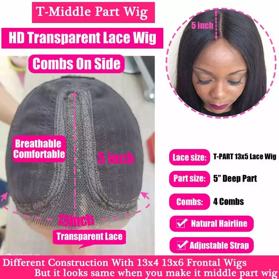 

Middle Part Lace Wig 30inch T Part Straight Lace Part Wig 13*1 Remy Brazilian Straight Human Hair Wig Pre Plucked With Baby Hair