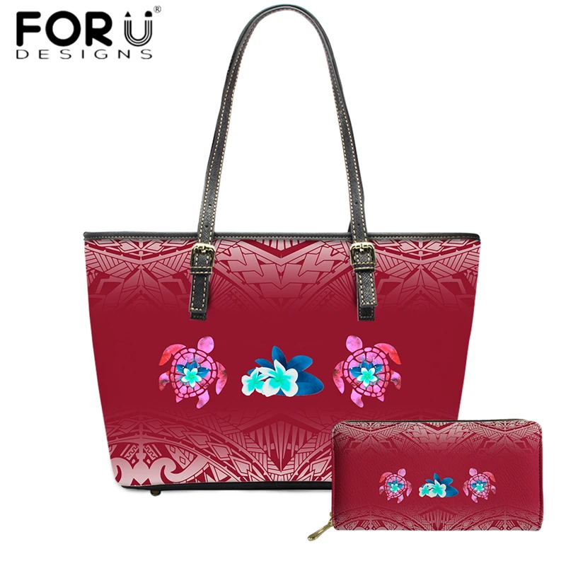 

FORUDESIGNS 2Pcs Set Female Shoulder Bag and Puse Polynesian Sea Turtle Plumeria Printed Woman Handbags New Fashion Tote Bags
