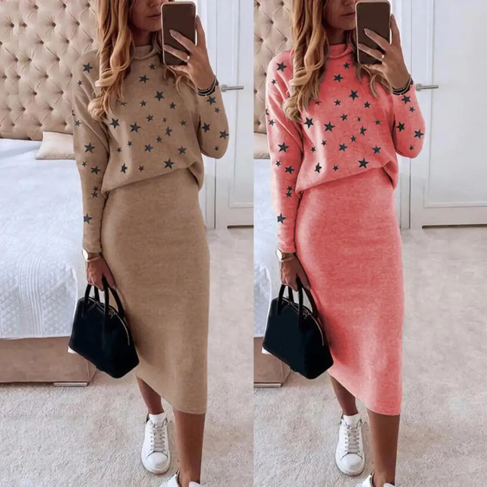 

1 Set Women's Blouse Skirt 2021 Five-pointed Star Print High Waist Autumn Winter Bodycon Pencil Skirt Suit for Daily Wear
