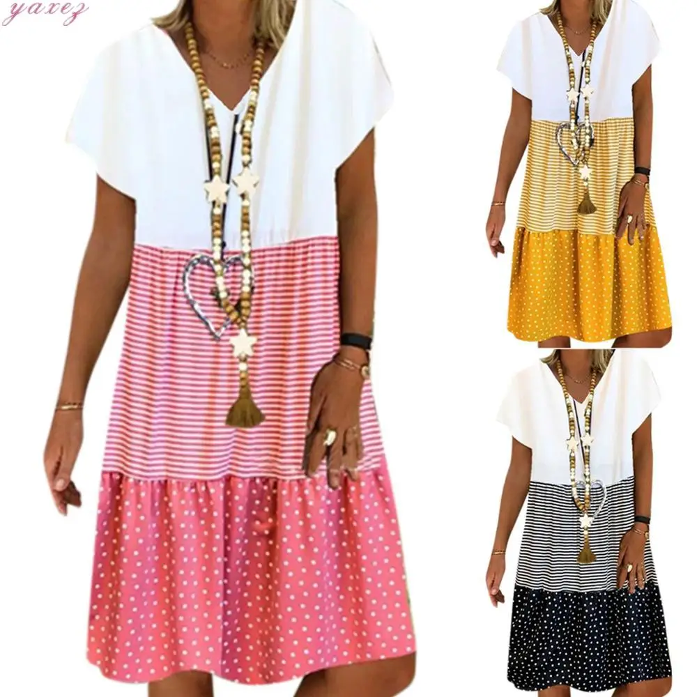 

2020 Women Summer Striped Striped Dots Print Dress Plus Size Short Sleeve 5XL Casual Dresses Vintage V-neck Dress