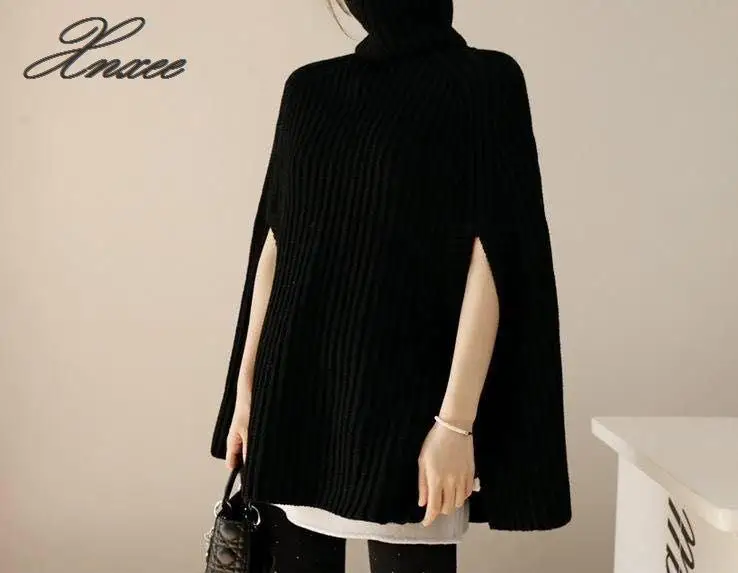 Women's new autumn and winter split fork high collar wild poncho knit sweater
