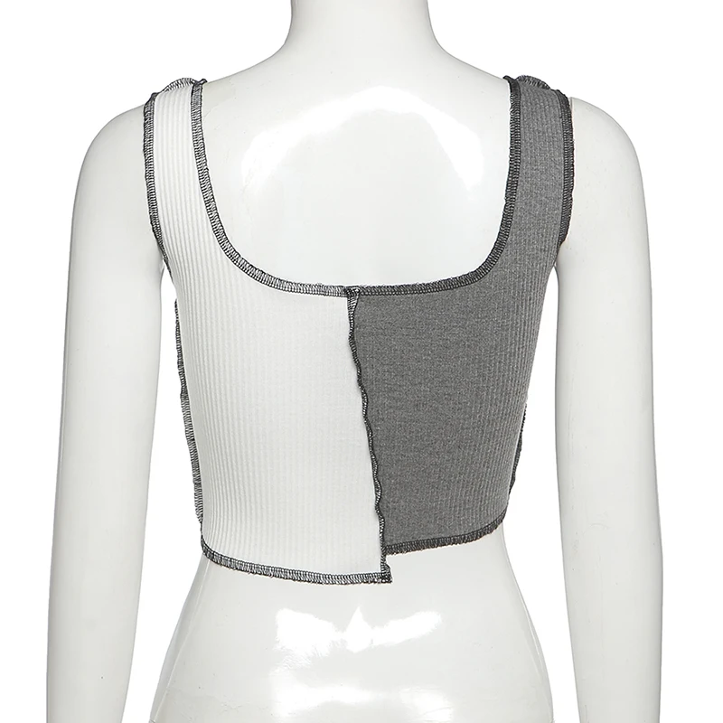 

Women's Camisole Vest Short Sleevele 2020 autumn and winter new gray and white contrast stitching slim sexy umbilical Tank Tops