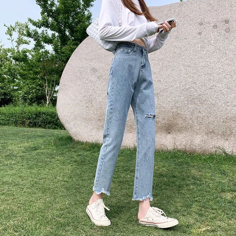 

Ripped Straight High Waist Denim Pants Women Skyblue Vintage Tassel Jeans Casual Wide Leg Baggy Harem Pants Ladies 2020 New