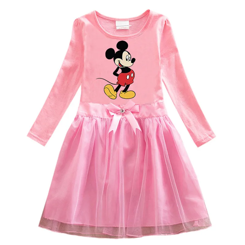 Disney Mickey Children's Dress Cartoon Girl Princess Cotton Pullover Pleated Mesh Long Sleeve Dress  - buy with discount