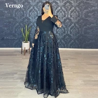 verngo modest black lace a line evening dresses long sleeves v neck floor length women formal occasion prom dress plus size