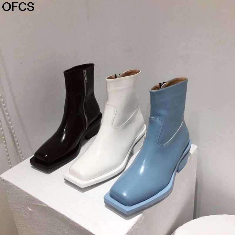 2020 Осенняя голубая квадратный носок ботильоны для женщин новейший не сужающийся