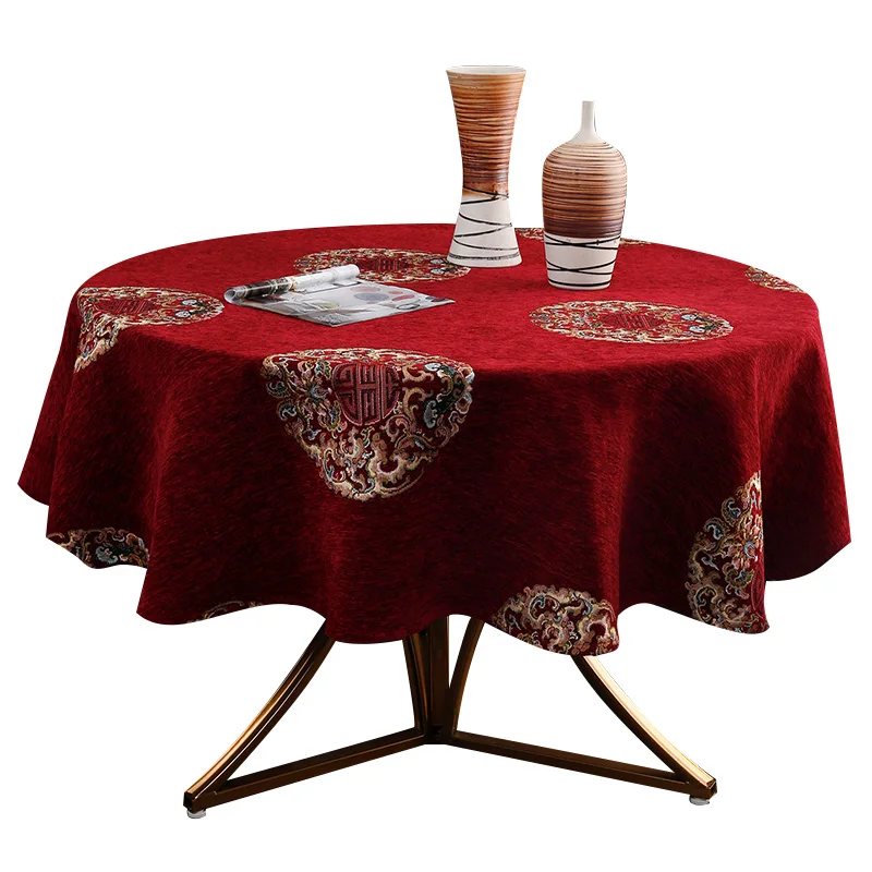 Круглая скатерть из синели новинка вышивка в китайском стиле темно-синяя красная