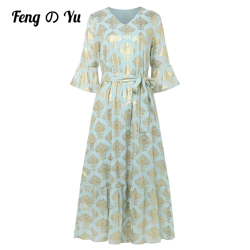 

Large Size Loose Women's Gold Print Long Dress 2022 Summer Lotus Leaf Sleeve A-Line Vestidos Dress Casual Mint Green Robe