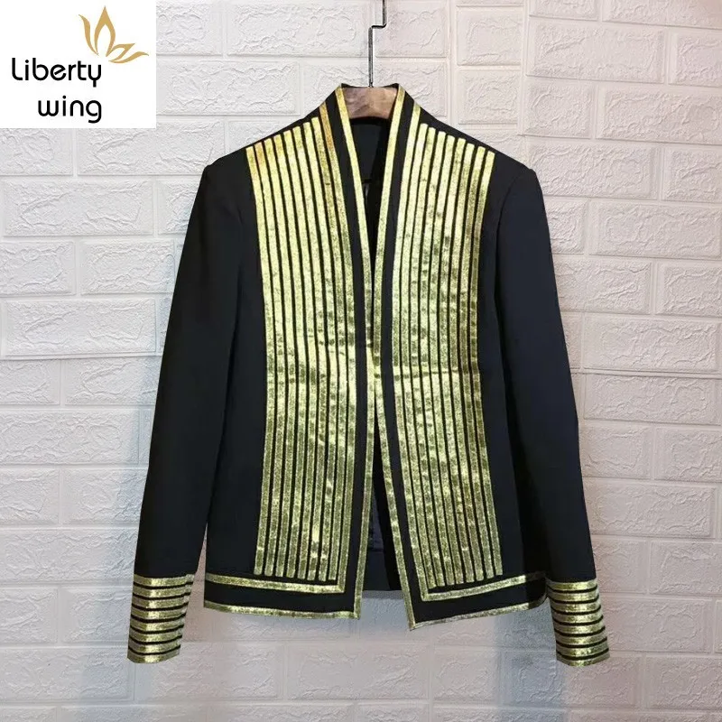

Euro Punk Night Show Wear Golden Rim Mens Blazer Autumn New Fashion Long Sleeve None Collar Slim Fit Big Size Male Short Coats
