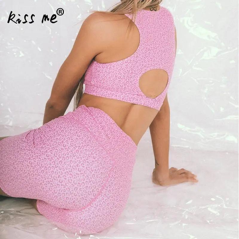 Pink Crop Top Women Yoga Set Vintage Two Piece Tank Pants Leopard Suit Sexy Workout Sports Sets Leggings+Strappy | Спорт и