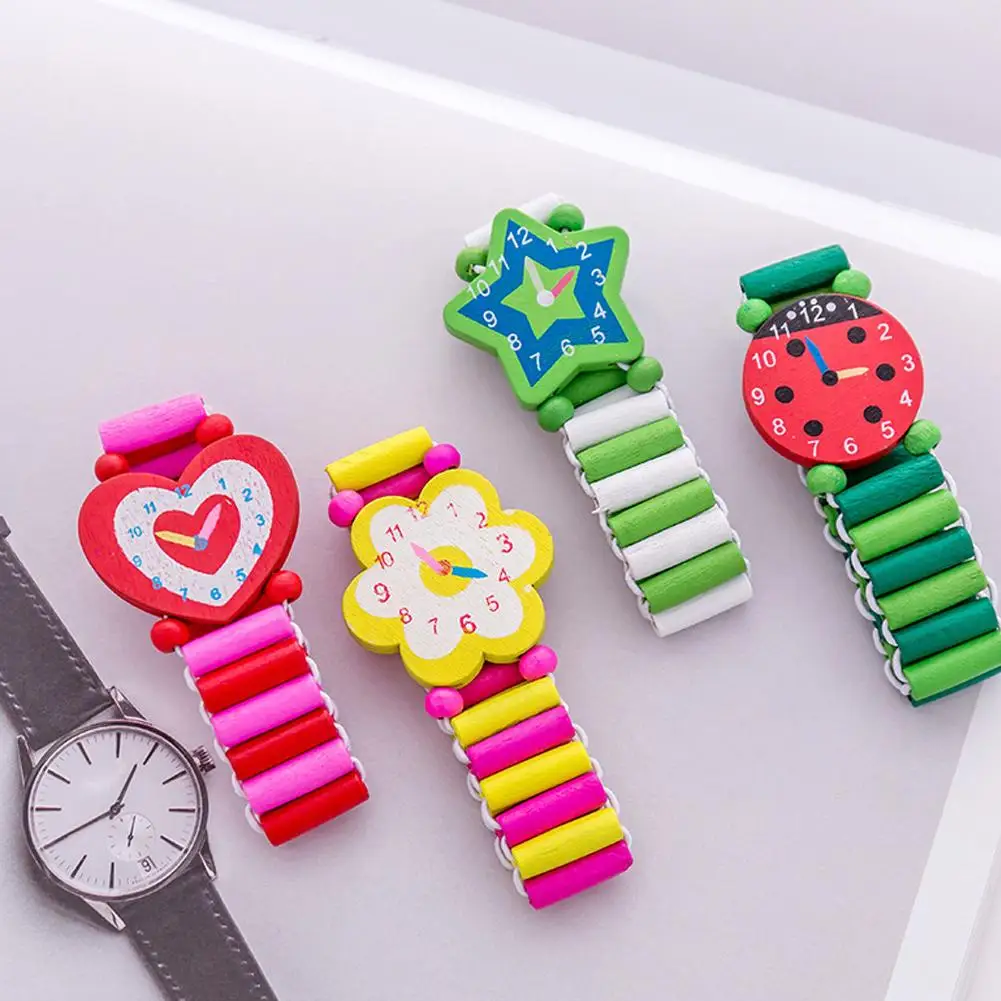 Juguetes artesanales de madera para ni&ntilde;os, juguetes de aprendizaje y educaci&oacute;n, relojes el&aacute;sticos de dibujos animados, fiesta que apoya a los ni&ntilde;os, pulsera de juguete, regalo-1