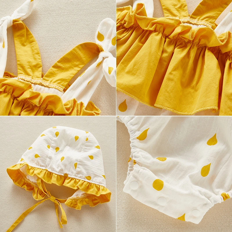 

Baby boys girls jumpsuit summer thin cute Bow strap ruffles clothes newborn summer cotton Dot printing romper
