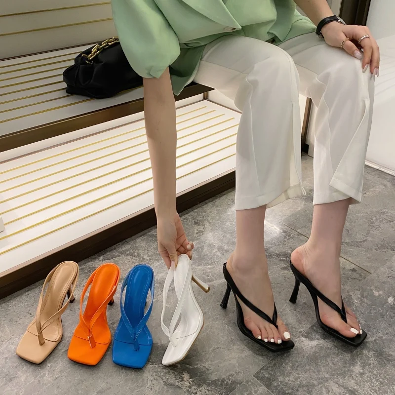 

Slippers Women Summer Luxury 2021 New Sexy Square Toe High Heels Outer Wear Stiletto Muller Sandals And Flip Flops Women Black