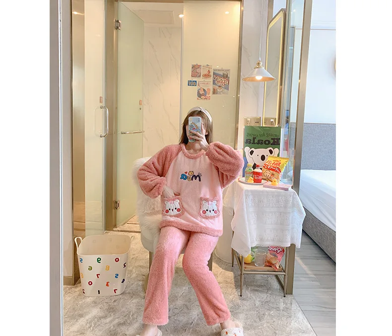Pijamas Kawaii de felpa gruesa para padres e hijos, ropa de franela de manga larga para mantener el calor, bonita, de dibujos animados, para el hogar y la familia, Invierno-4
