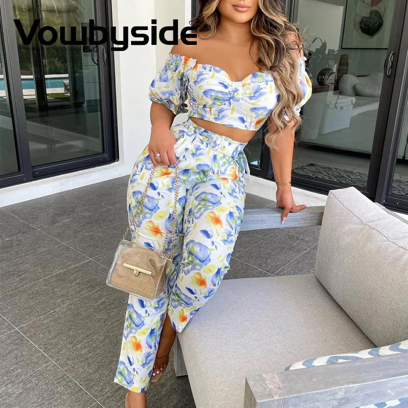 

Floral Print Short Sleeve Cropped T-shirts With Pants Sexy Sets