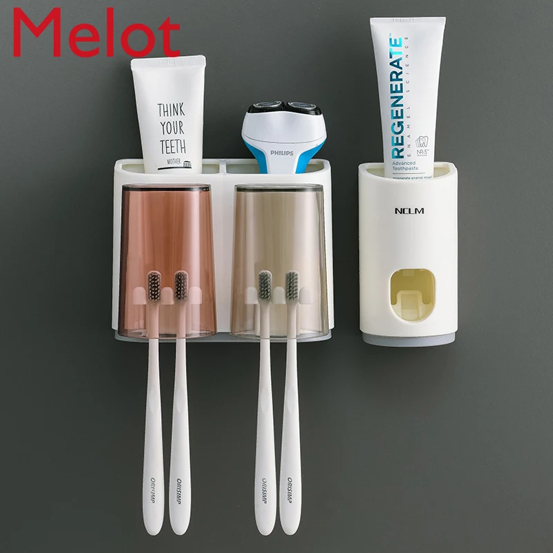 

Creative Toothbrush Storage Rack Tooth Cup Mouthwash Wall-Mounted Punch-Free Wall-Mounted Tooth-Cleaners Set Toothbrush Cup