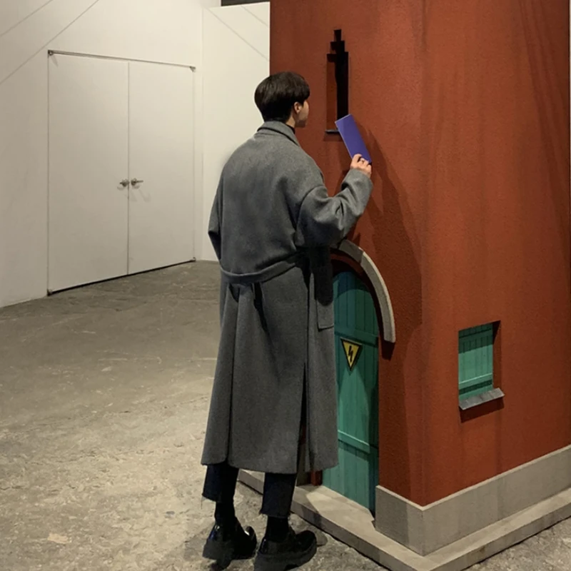 

Long Gray Wool Coat Korean Fashion Autumn Warm Loose Solid Color Wool Coat Men Trend Blends Abrigos Para Hombre Clothing DF50WB