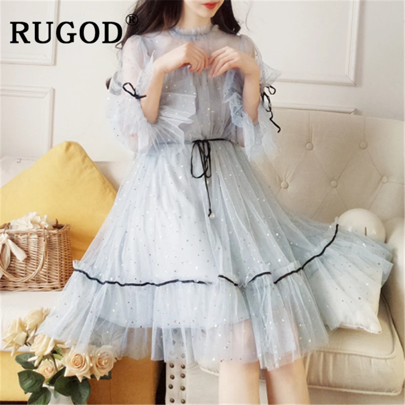Женское кружевное платье с блестками RUGOD корейское вечернее однотонное в сеточку