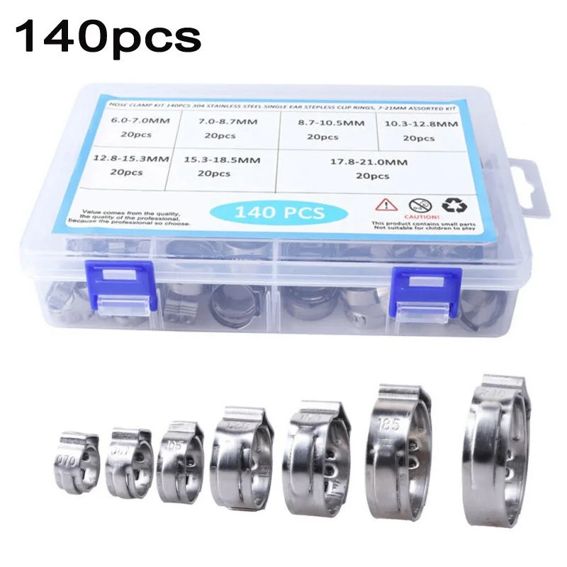 140 шт 7 21 мм 304 Нержавеющая сталь одно ухо бесступенчатый хомут для шланга набор