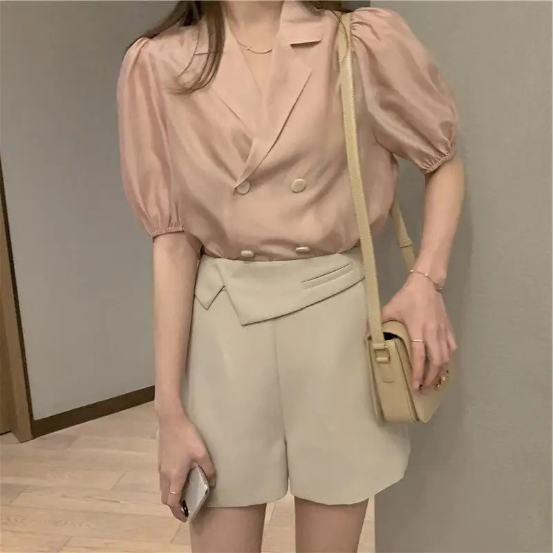 

MISSKY Women's Blouse Summer Solid Color Thin Puff-sleeve Short Sleeve V Neck Sunscreen Shirt Female Tops New