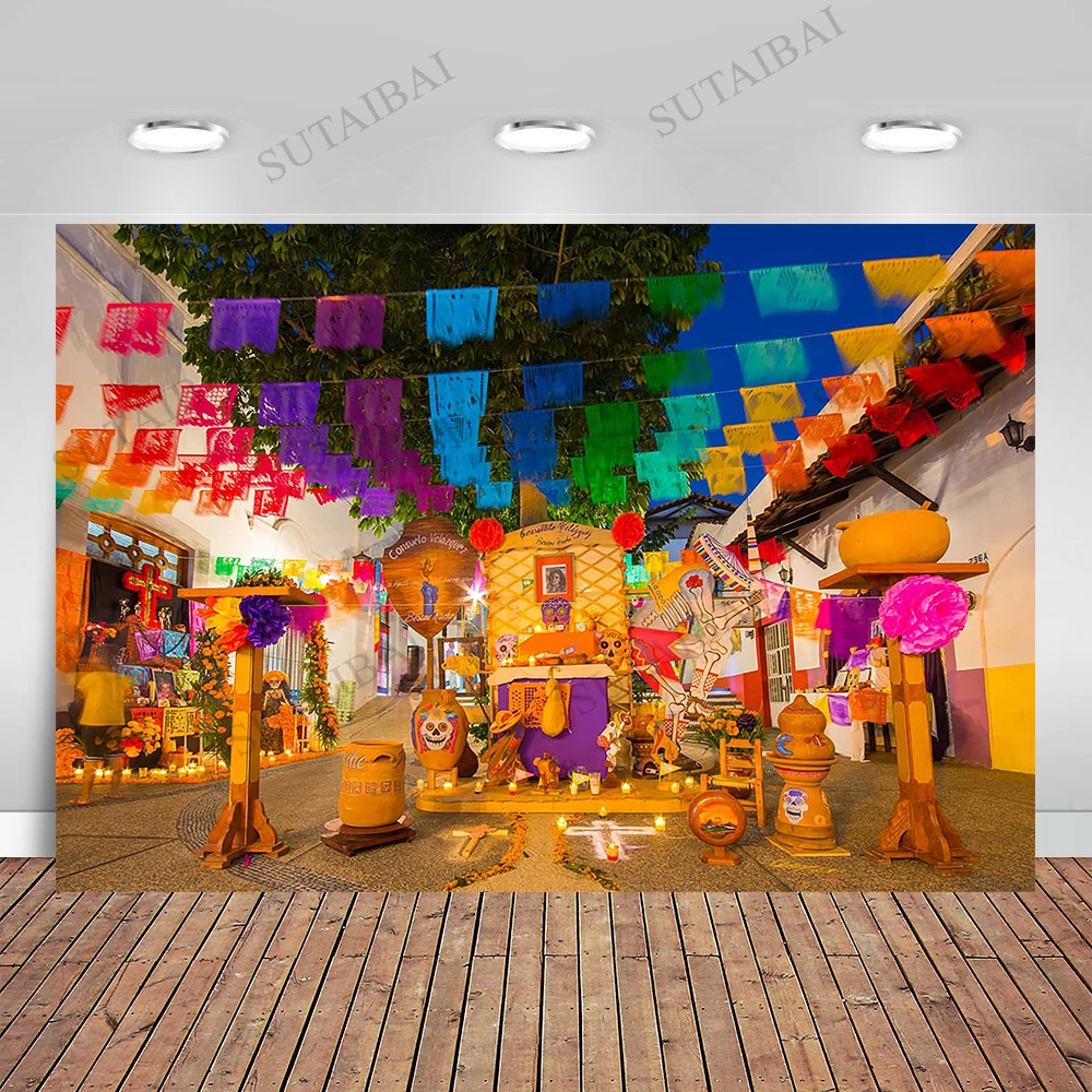 Day of The Dead Backdrops Festival Photography Mexico Street Decoration Backgrounds for Dia De Los Muertos Photo Booth Props