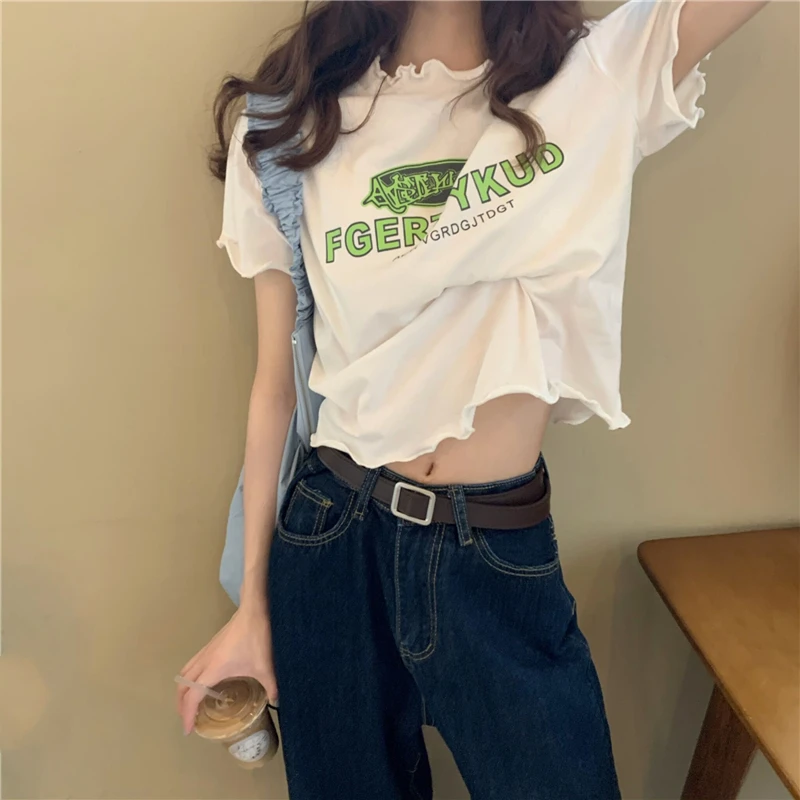 

offers! Han edition loose show thin printed letters wave side short sleeve T-shirt ins brief paragraph coat, 1116 #