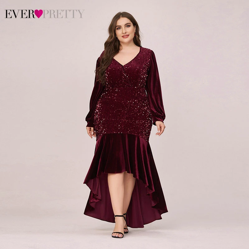 

Plus Size Burgundy Cocktaill Dresses Ever Pretty EP00471BD Asymmetrical V-Neck Full Sleeve Sequined Velour Formal Party Gowns