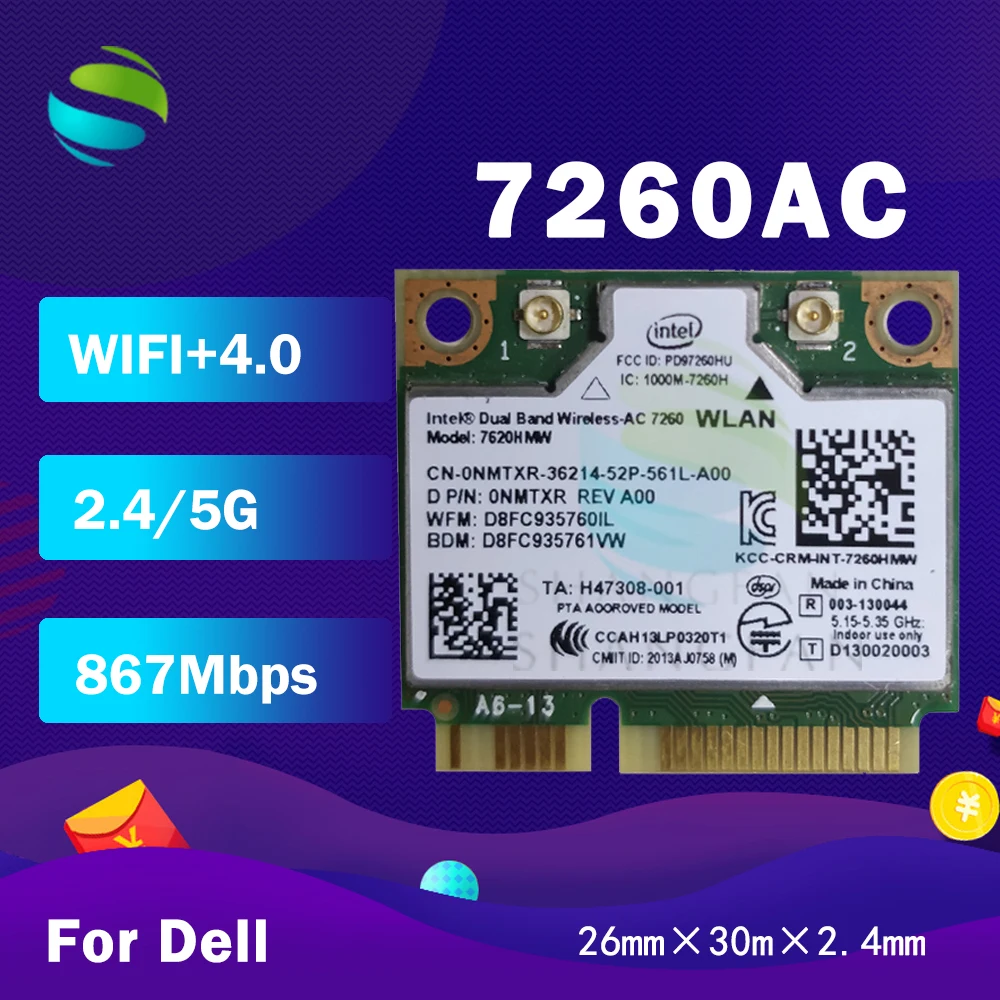 Wi Fi адаптер для Intel Dual Band Wireless AC 7260 7260HMW 7260AC half Mini PCI e + BT4.0 867 Мбит/с беспроводная