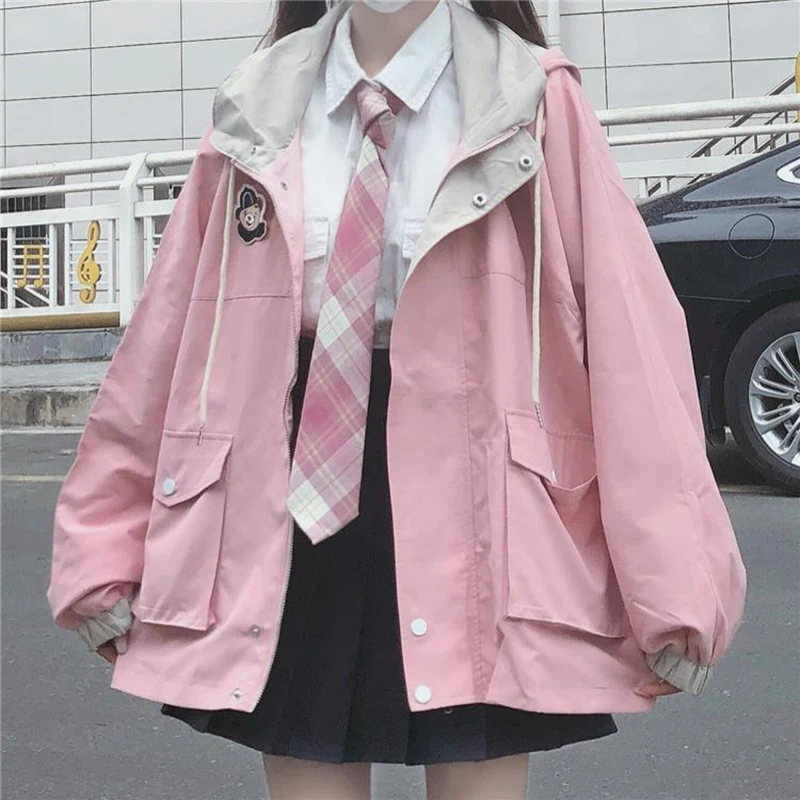 

Japanese kawaii Zipper pink woman jacket 2020 Korean color matching winter clothes Loose cute female tops coat manteau femme
