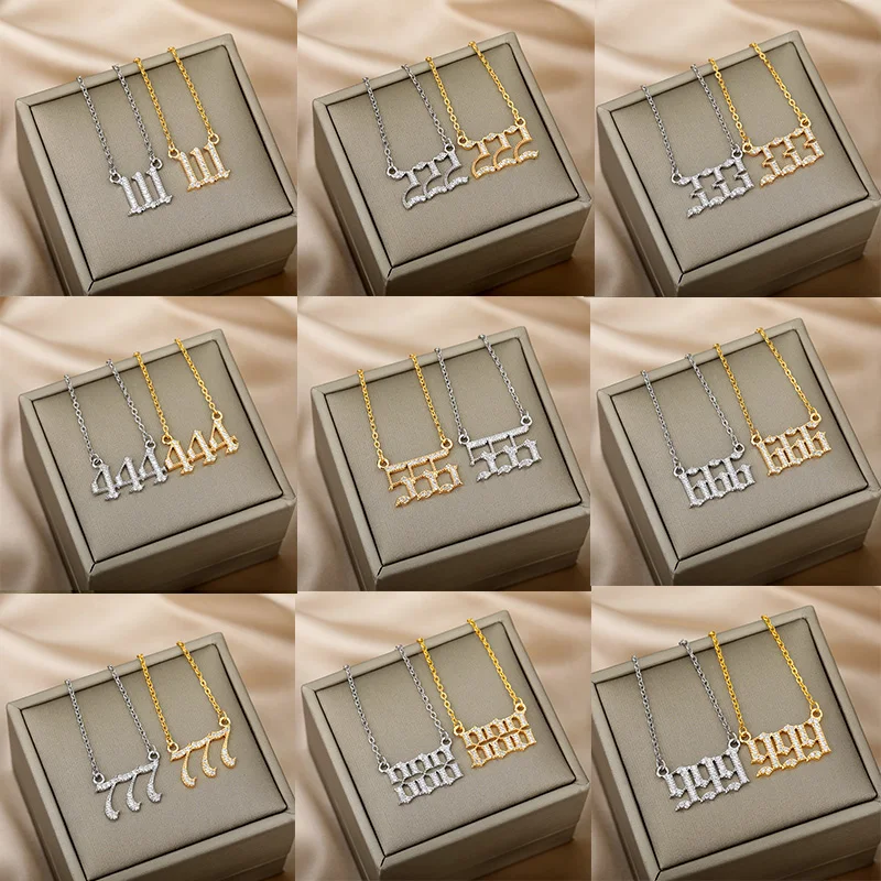 

Zircon Angel Number Necklace For Women Men Gold Stainless Steel 444 777 888 Angel Number Pendant Necklace Cute Birthday Jewelry