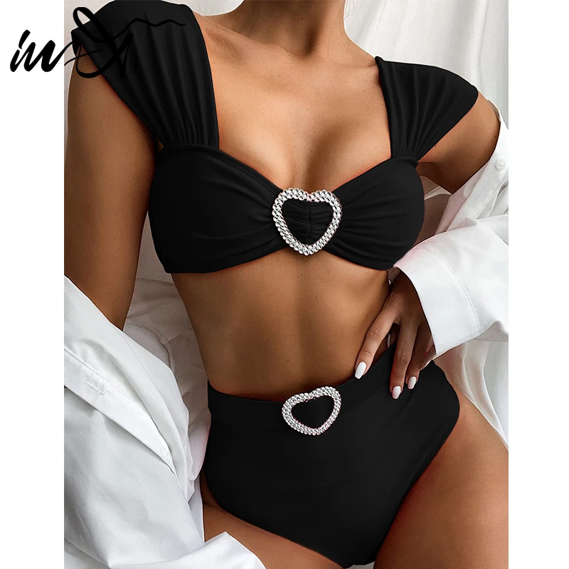 Женский винтажный бикини с высокой талией блестящий купальник-бандо со Стразы In-X