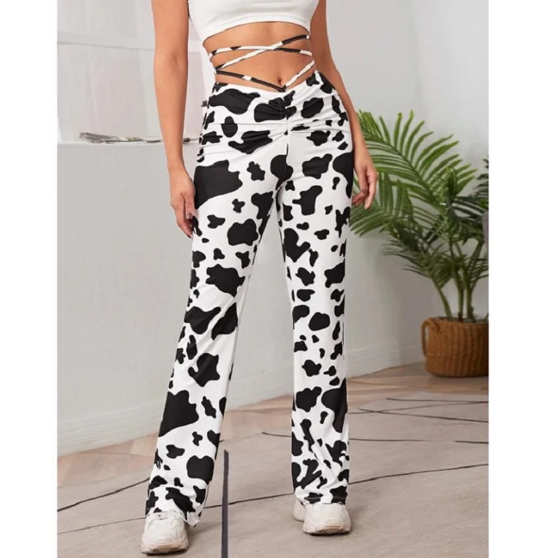

HOUZHOU Harajuku Cow Print Wide Leg Trousers For Female Streetwear Print High Waist Bandage Flare Pants Loose Casual Joggers
