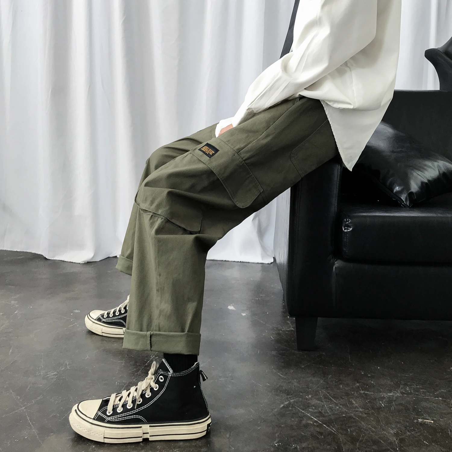 

2019 Men's Cargo Pocket Decoration Casual Pants Loose Black/green Color Trousers High-quality Haren Pants Plus Size S-2XL