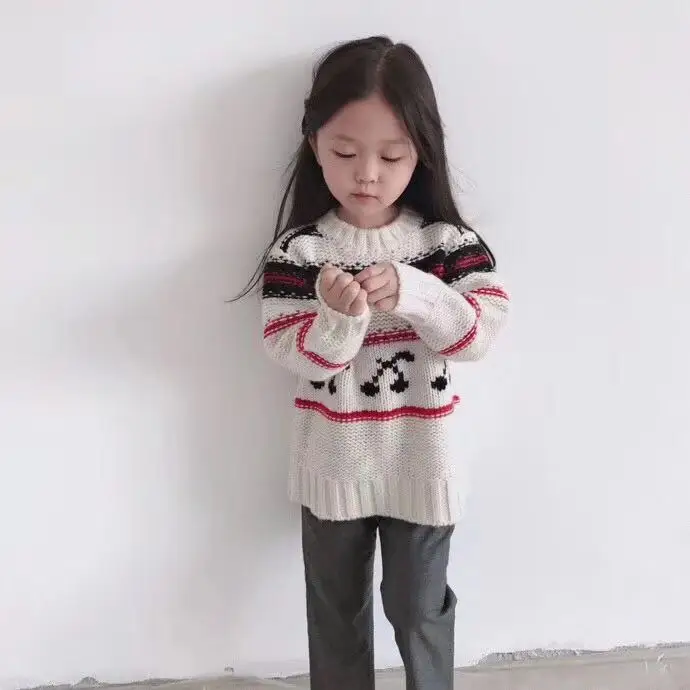 Г. Осенне-зимний вязаный свитер с рисунком вишни для маленьких девочек бежевый топ+ джинсовые штаны детская одежда для девочек, брендовая одежда с вишенками