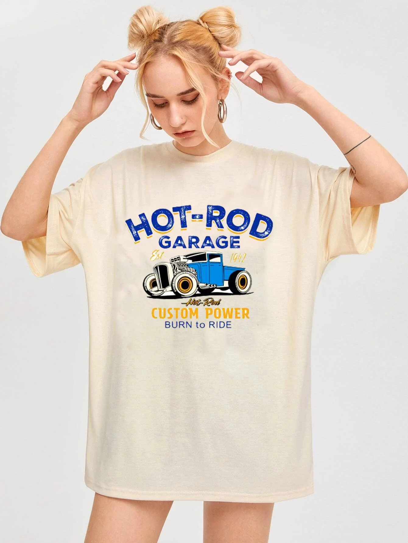 

Hot Rod Garage Custom Power Burn To Ride Car Graphic Tee 70S Vintage Fashion Casual Funny Harajuku Women T-Shirt Summer Tops