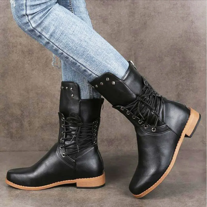

Women Cross Tied Shoes Short Plush Zip Boots Ladies Square Heel Mid-Calf Knight Boot Autumn Woman Rivet Shoe Zapatos De Mujer