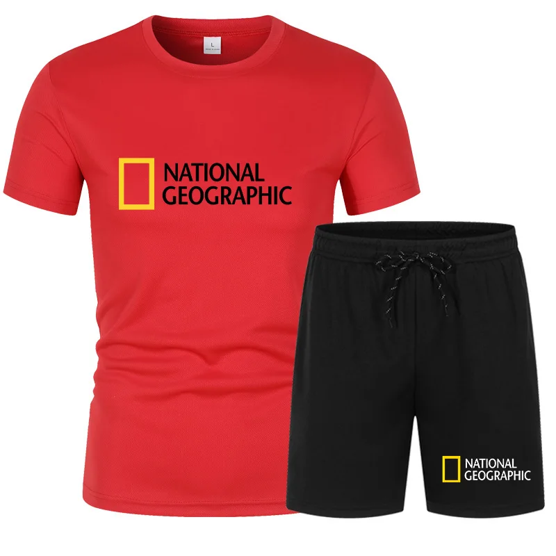 

New National Geographic logo color printing. Men's sportswear, two-piece suit, fitness uniform, short-sleeved T-shirt + shorts
