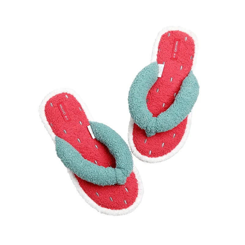 Indoor Cute Cartoon Watermelon Women Flip Flops Sweet Cartoon Fruit Home Casual Bedroom Ladies Flats Shoes Women Velvet Slides