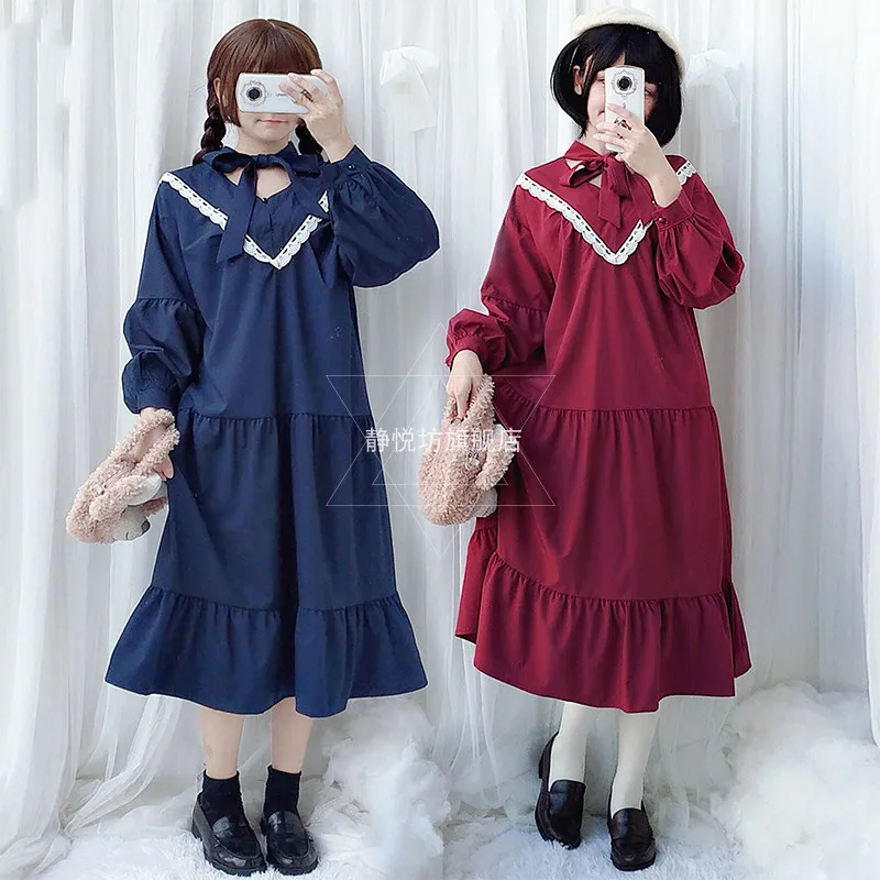 

Japanese sweet lolita dress vintage lace bowknot v-neck puff sleeve loose victorian dress kawaii girl gothic lolita op loli cos