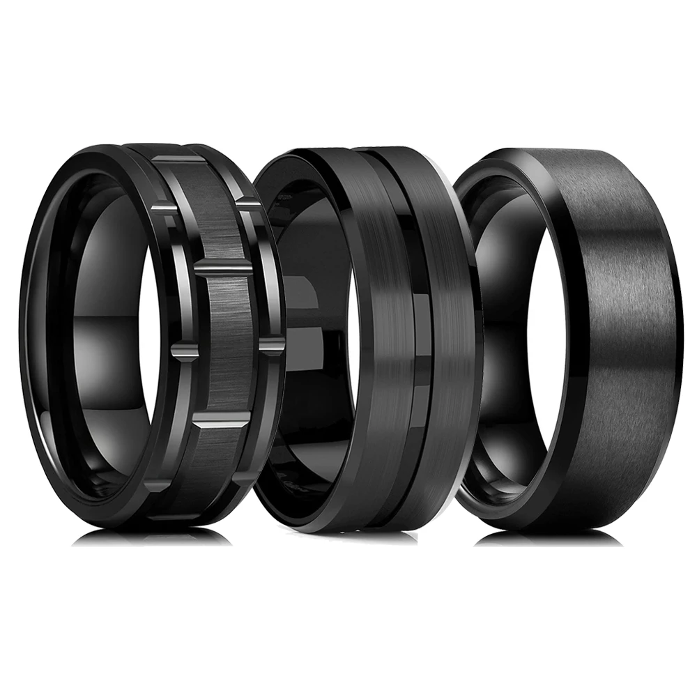 

2023 Trendy Men's 8mm Black Titanium Wedding Band Rings Double Black Groove Beveled Edge Stainless Steel Engagement Ring For Men