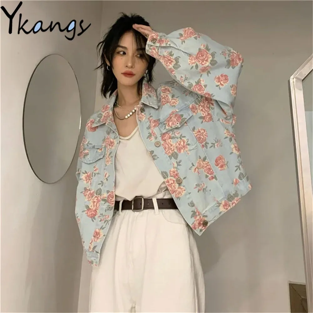 

Vintage Floral Full Print Pockets Button Denim Coat Harajuku Stitching Spring Autumn Jackets Korean Fashion Desigual Women'S Top