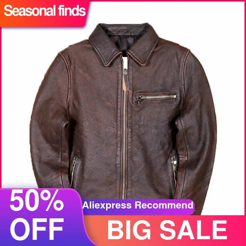 

2021 Vintage Brown Genuine Leather Jacket Men Casual Style Plus Size 4XL Real Natural Cowhide Autumn Slim Fit Young Male Coat