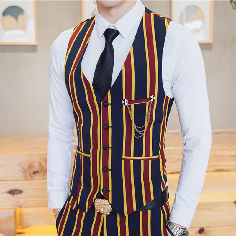 

2020 Chaleco Hombre Fashion British Style Stripe Printing Single Row Buckle Vest Waiter Nightclub Vest Work Clothes Vest Man