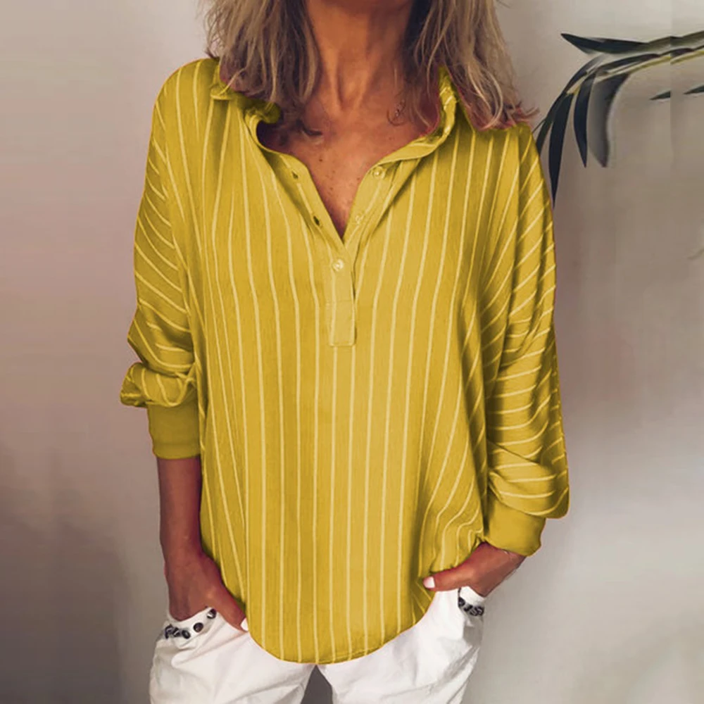 Осенняя Женская Повседневная полосатая блузка с v образным вырезом свободная